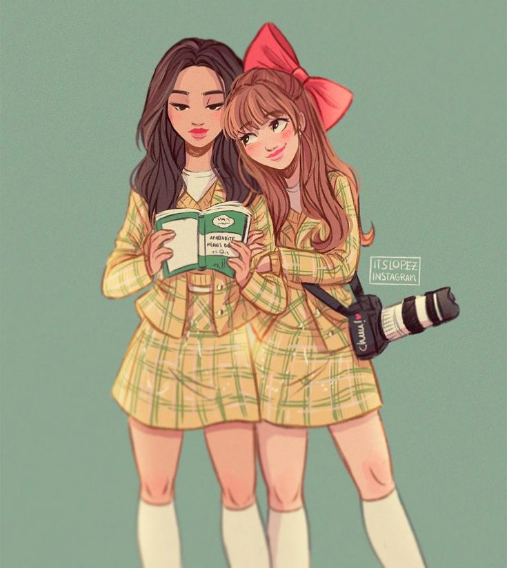 two girls standing next to each other with their arms around each other and holding books