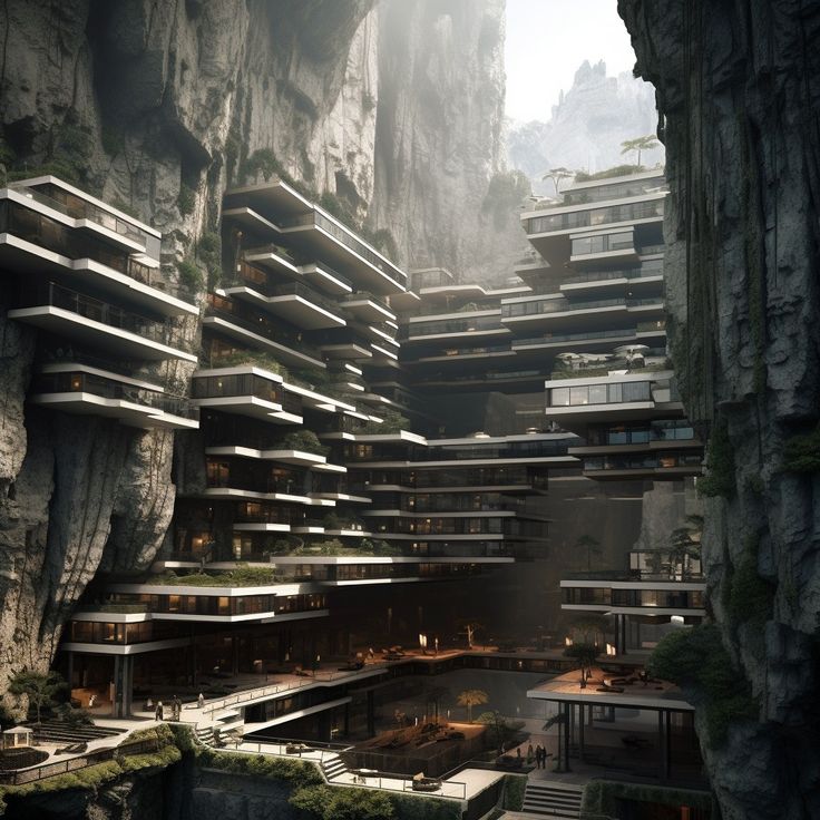 an artistic rendering of a futuristic city built into the side of a rocky cliff face