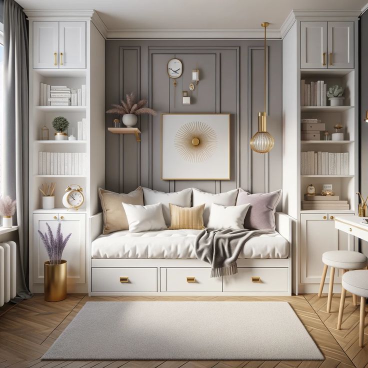 a living room filled with lots of furniture next to a white rug and window sill