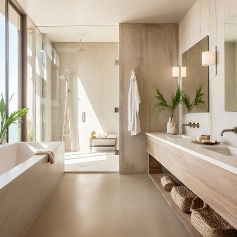 a large bathroom with two sinks and a bathtub next to a big window that looks out onto the ocean