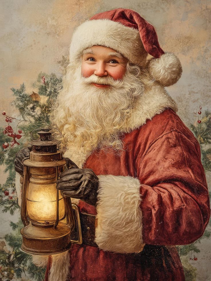 a painting of santa claus holding a lantern