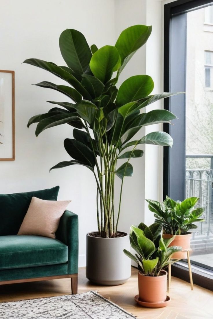 two potted plants sit in front of a window on a rug next to a couch