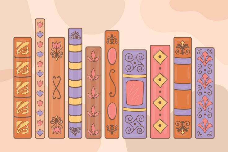 a row of books with decorative designs on the front and back covers in different colors