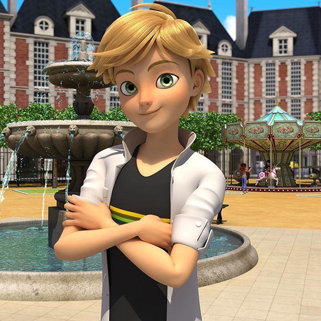 a cartoon character standing in front of a fountain