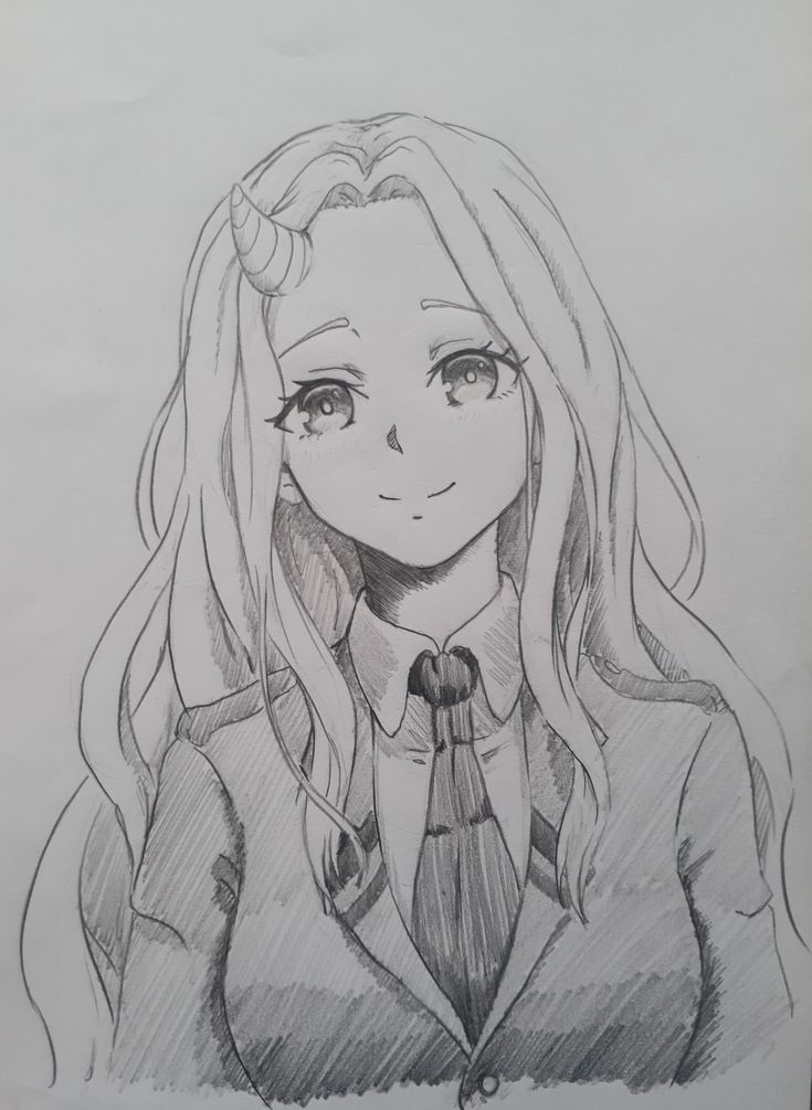 a pencil drawing of a girl with long hair and horns on her head, wearing a school uniform