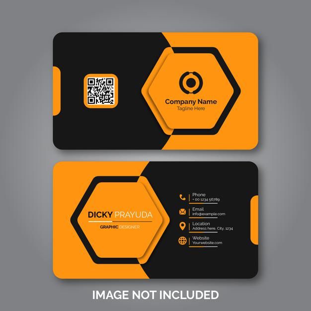 two business cards with an orange hexagonal design on the front and black back