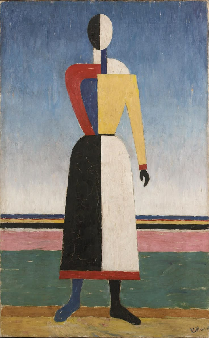 an abstract painting of a woman standing in front of the ocean