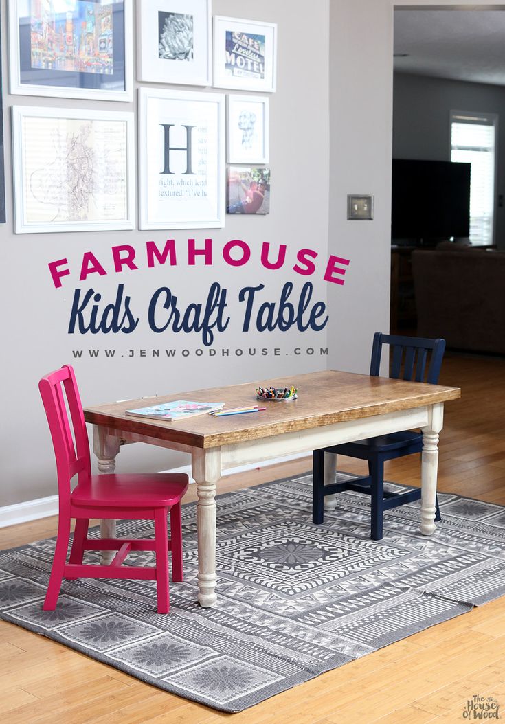 a child's table and two chairs in front of a wall with farmhouse kids craft table on it