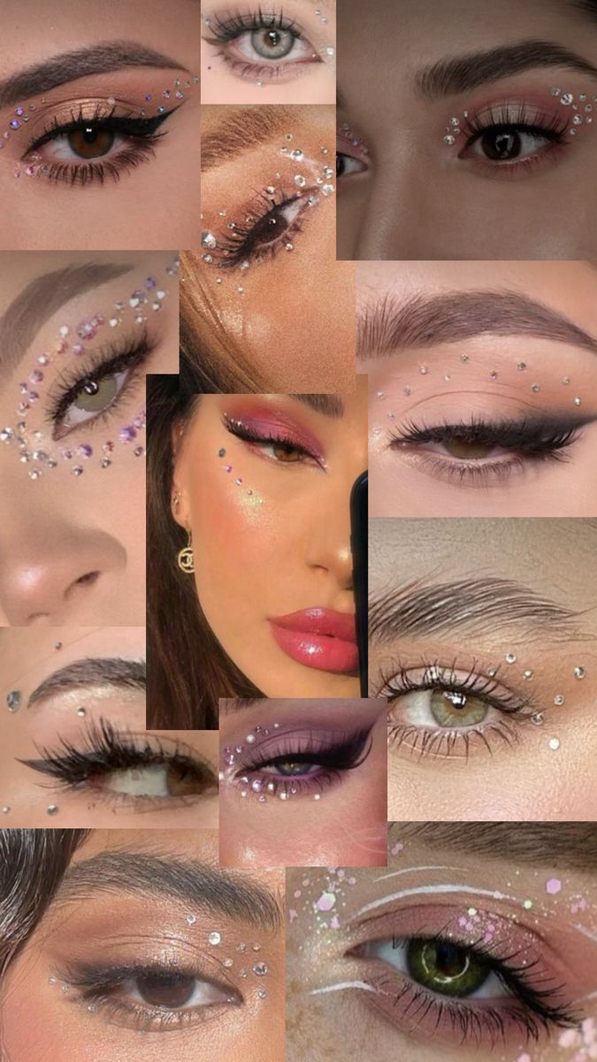 Eye Makeup Gemstones, Where To Put Gems On Your Face, Gem Makeup Looks Halloween, Eye Makeup With Ringstones, Rinstonestone Makeup, Nye Rave Makeup, Gold Makeup Looks With Rhinestones, Gems Around Eyes, Jewels Eye Makeup