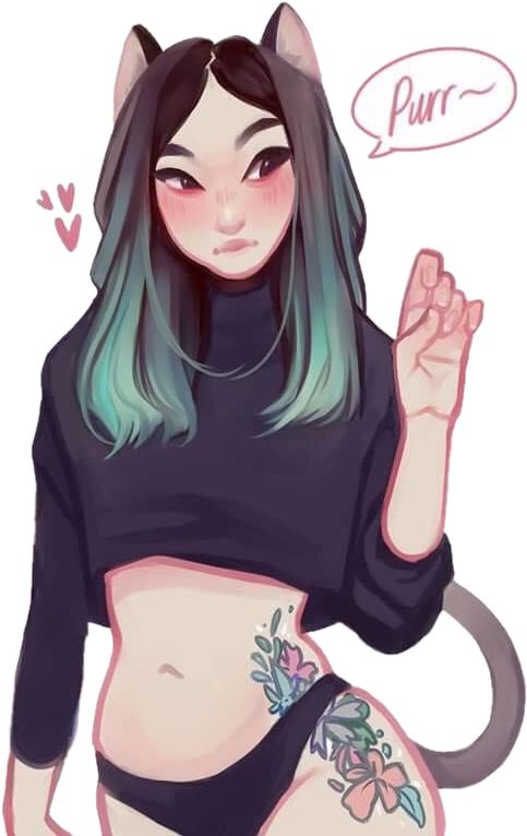 a drawing of a woman with cat ears on her head and green hair wearing a black top