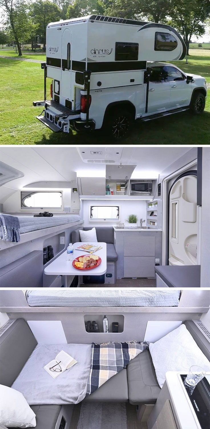 It’s not easy to fit in all the prerequisites of a home into a half-ton truck but the wonderful people behind the Cirrus 620 have managed to pull it off. Often designers/companies tend to tip the scale – going past the requisite payload capacity of the truck while mounting the tiny house facilities on board. nuCamp Cirrus 620 truck bed camper however is loaded with amenities and is designed for the half-ton truck owner. READ & VIEW MORE NOW! Short Bed Truck Camper Interior, Slide In Truck Camper Remodel Interiors, Cirrus 620 Truck Camper, Camper Truck Interior, House Truck Interior, Cabover Camper Interior, Truck Campers Ideas, Camper Truck Ideas, Truck Camper Interior Ideas