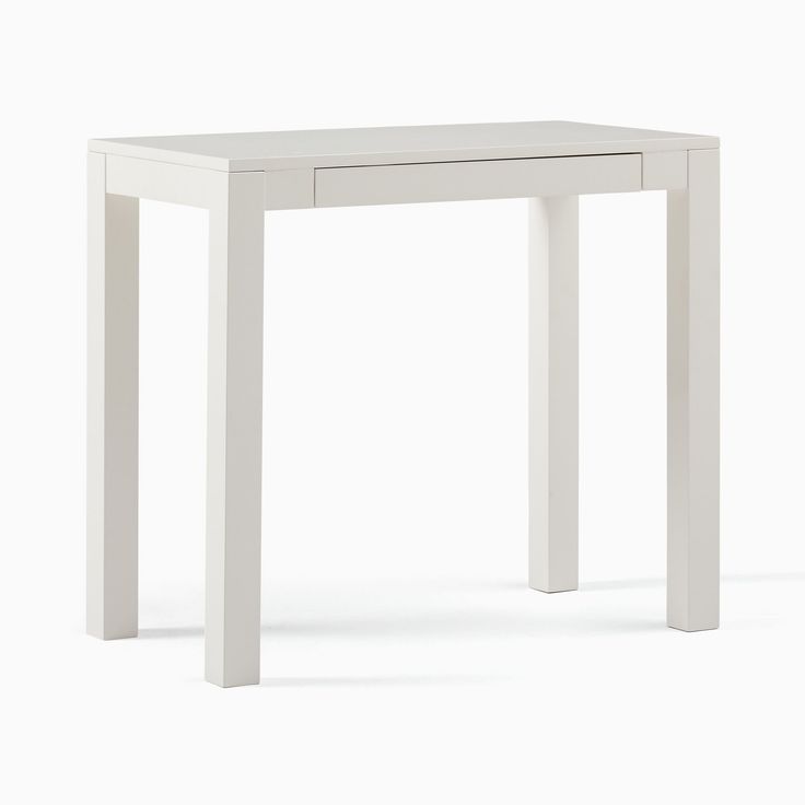 a white table with two legs and a drawer on the top, in front of a white background