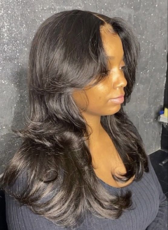 90s Haircuts Black Women, Medium Length Sew In Weave Black Women, Layered Haircut Black Women, Mid Length Hair Black Women, Layered Sew In Weave, Wig Blowout, Blow Outfit Hair Black, 90s Blowout Hair Black Women, 90s Hairstyles Blowout