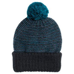 a blue and black hat with a pom - pom