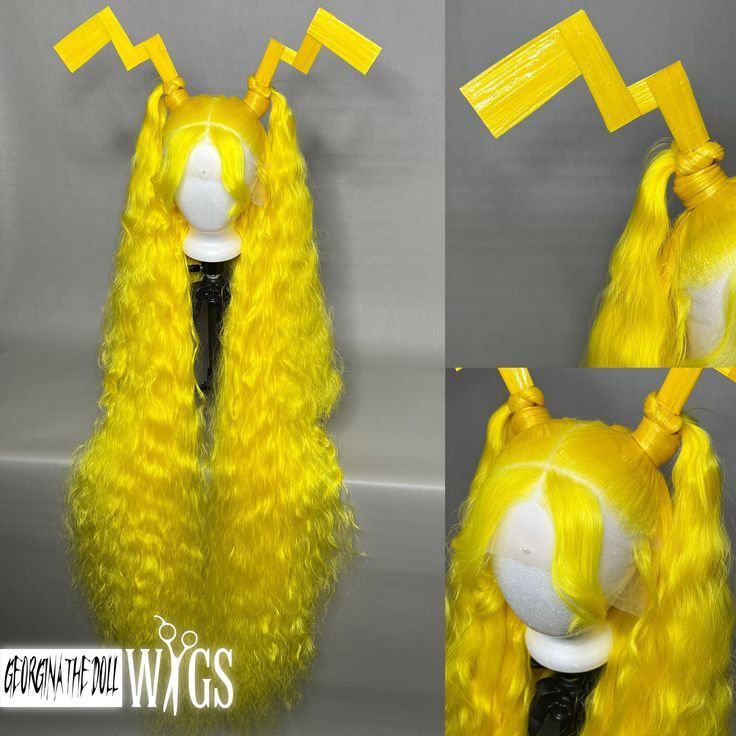 ⚡️HIGH VOLTAGE⚡️ *This item is styled using a 13x3 lace front wig with a large 23" stretch cap, a smaller or bigger cap size can be used upon request  *Will ship with a styrofoam wig head & package will be insured  *Turnaround/production timeframe is 2-3 months due to high demand *Custom color/style inquires must be approved prior to ordering, please email georginathedollwigs@gmail.com or message me privately on social media  🚨ALL SALES ARE FINAL🚨 No refunds, returns or exchanges due to resale/sanitary reasons, please read over my shop policies for more info  ✨PAYMENT PLAN AVAILABLE✨ Shop Pay Installments available for qualifying customers Yellow Wig, Weird Haircuts, Drag Ideas, Wig Head, Wig Styling, Custom Wigs, High Voltage, Wig Styles, Hair Art