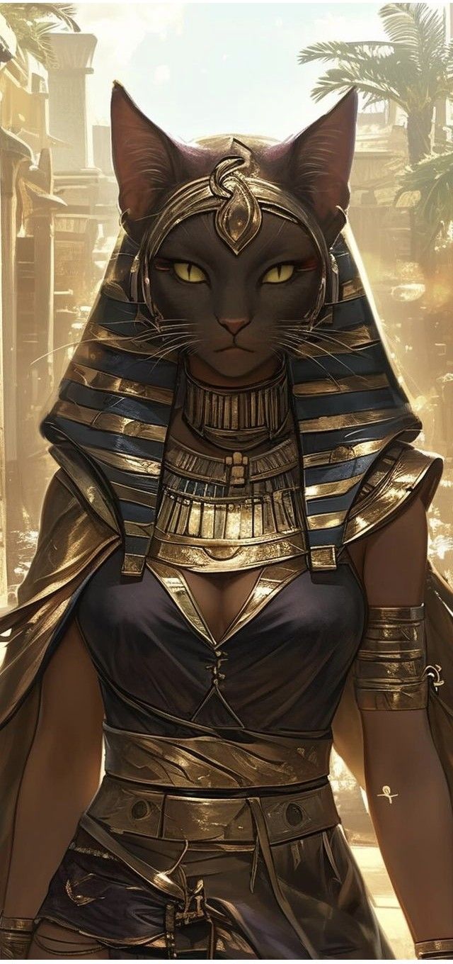 an egyptian woman with a cat's head on her chest and gold jewelry around her neck