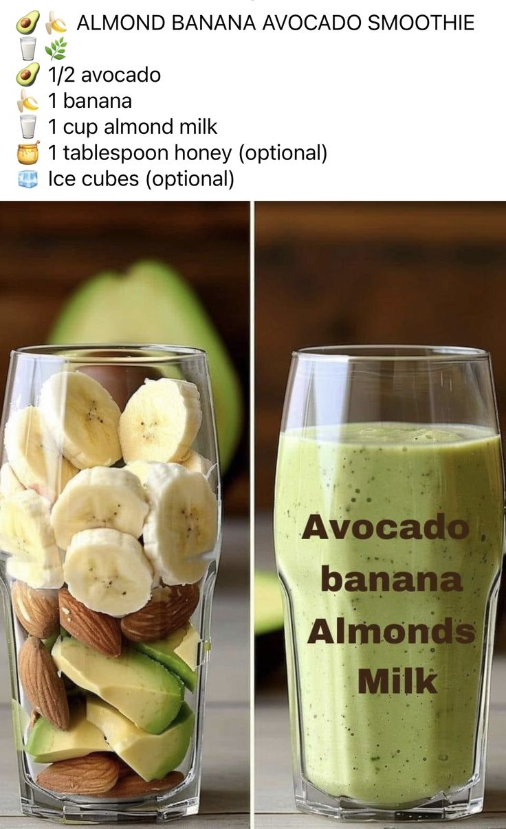 two cups filled with bananas and almonds next to an avocado smoothie