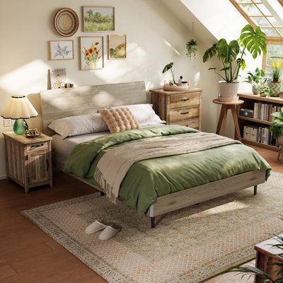 This bed frame features an ergonomic headboard and a convenient storage shelf, offering both comfort and functionality. With 6 inches of under-bed storage space, it helps you maximize your room's organization. The strong metal feet and embedded design ensure the wood bed frame can support up to 1500lbs, providing a secure and sturdy foundation. Experience a hassle-free setup with our innovative Velcro design, allowing you to assemble the bed in just 45 minutes and easily disassemble when needed. Panel Bed Frame, Pine Bed Frame, Pine Beds, Creative Bedroom, Wood Bed Frame, Bed Frame With Storage, Under Bed Storage, Panel Bed, Bedroom Furniture Beds