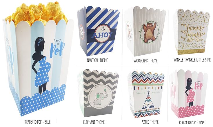 several different types of popcorn boxes with pictures on the front and side, all in different designs