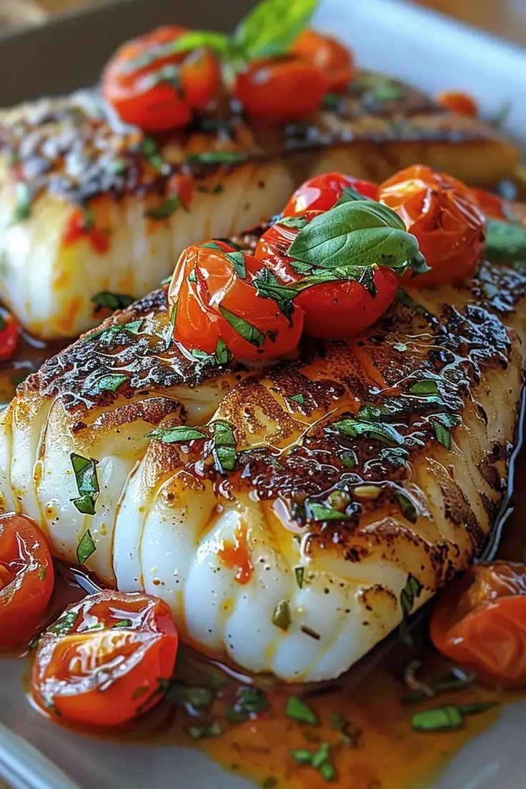 seared scallops with tomatoes and herbs on a white plate