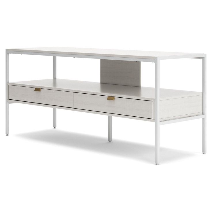 a white table with two drawers and a shelf on the top that has an open drawer underneath it