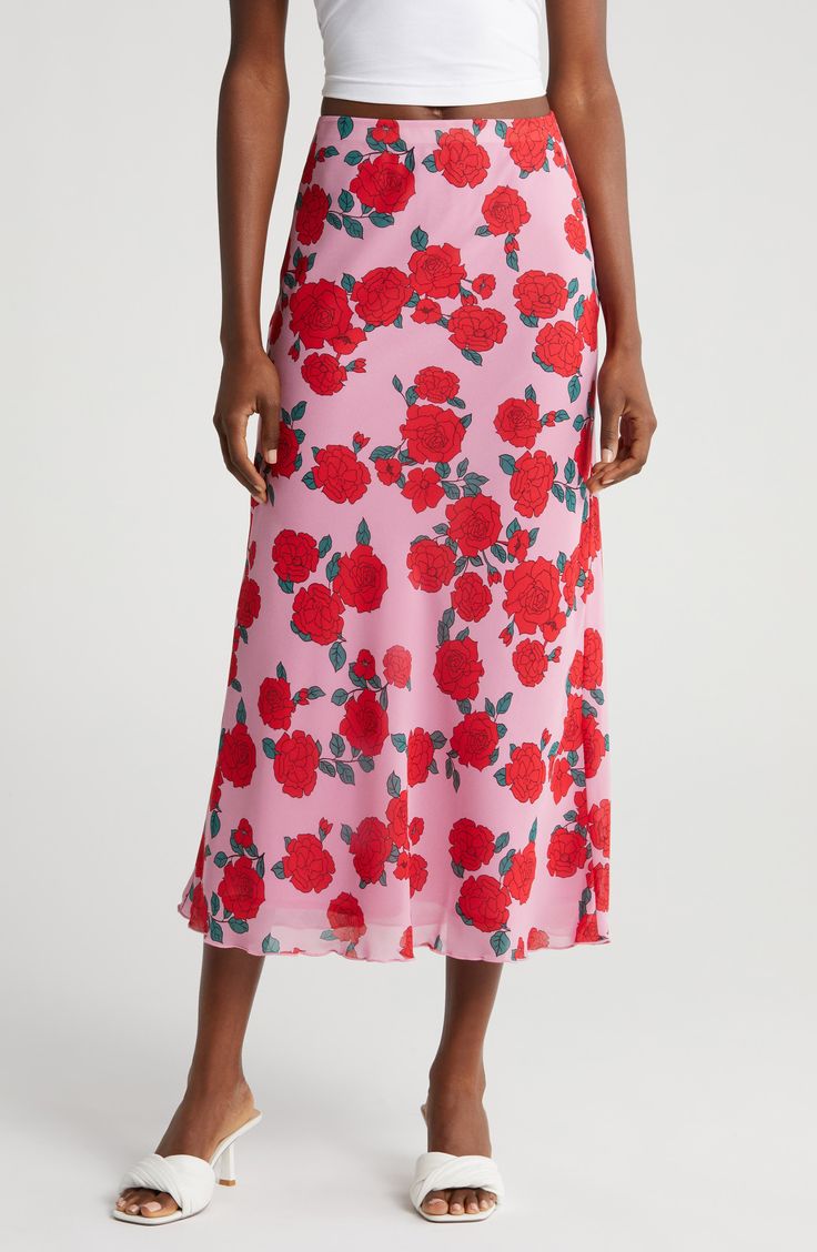 Red roses pop against a pink background on this fabulous slip skirt cut to a chic midi length. Pull-on style Lined 100% polyester Machine wash, tumble dry Imported Printed Midi Skirt Outfit, Midi Slip Skirt, Midi Skirts Summer, Midi Skirt Outfit, Lace Midi Skirt, Printed Midi Skirt, Slip Skirt, Lace Midi, Modest Outfits