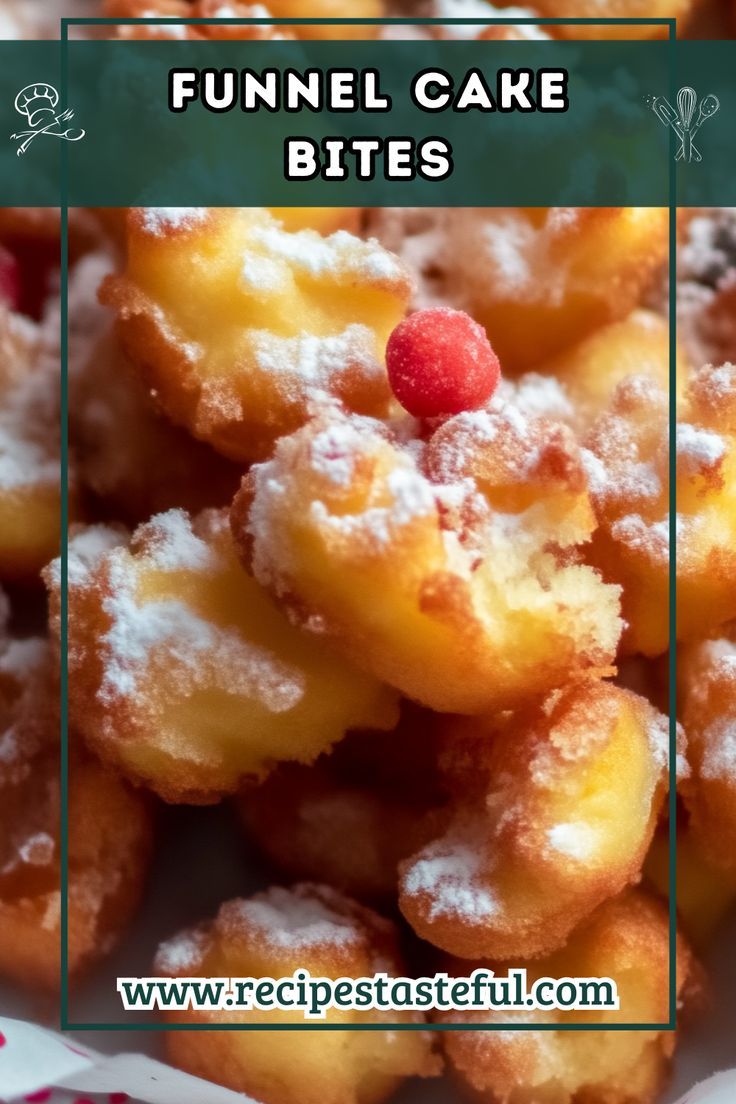 the funnel cake bites are covered in powdered sugar