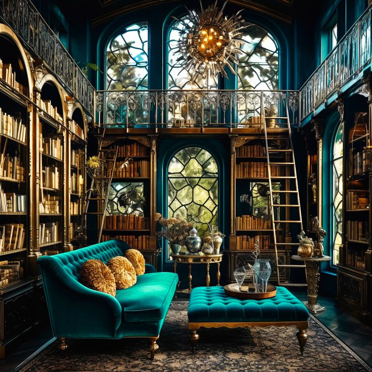 a living room filled with lots of books and furniture