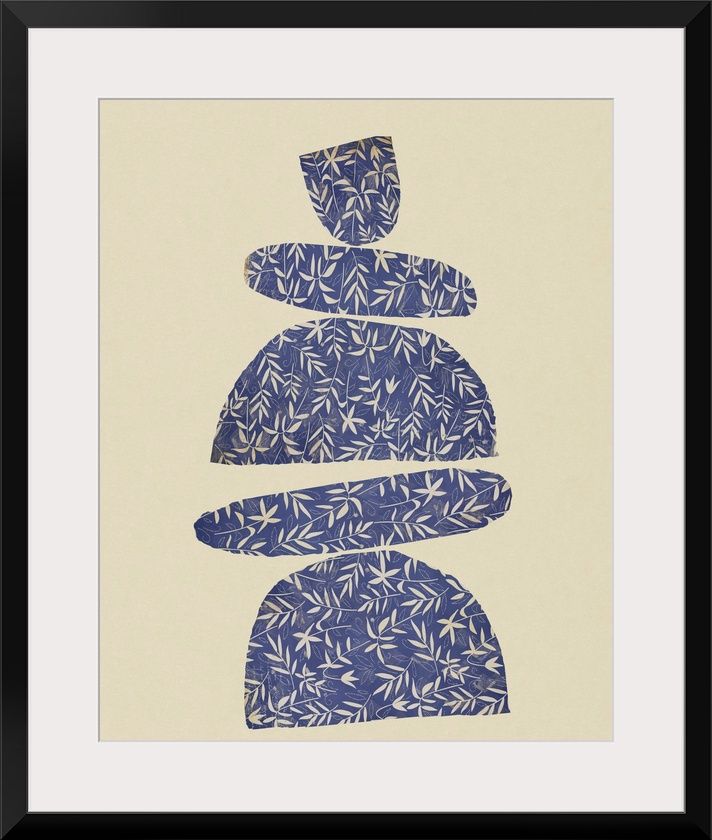 a blue and white print with an abstract design on the bottom, in a black frame