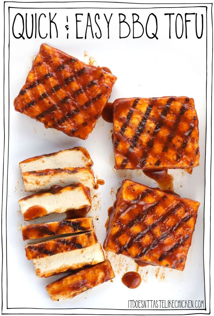 bbq tofu on a white plate with text overlay