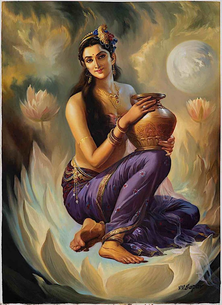 a painting of a woman sitting on the ground holding a pot in her hands and looking down