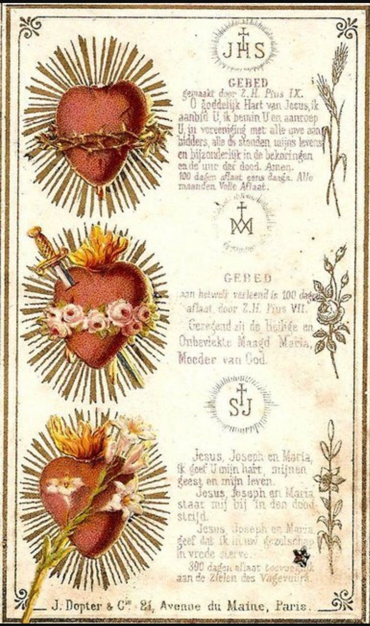 an old fashioned valentine's day card with three hearts and flowers on the front