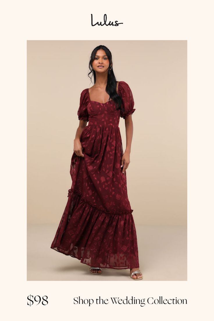 a woman in a red dress with the words shop the wedding collection