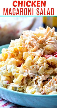 chicken macaroni salad in a blue bowl