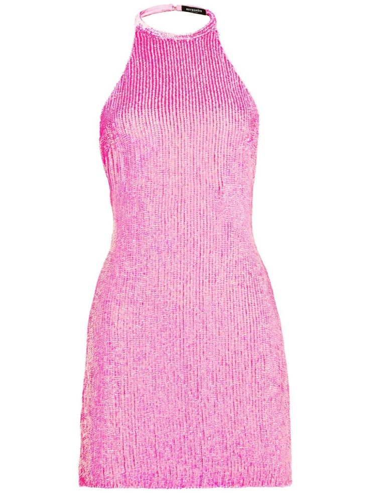 bubblegum pink sequin embellishment halterneck sleeveless open back short side slits thigh-length straight hem Sparkly Dress Outfit, Pink Sparkly Dress, Doctor Outfit, Pink Sparkly, Cute Pajamas, Tumblr Fashion, Sparkly Dress, Glam Dresses, Pink Sequin