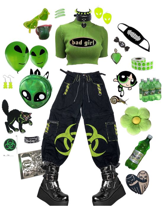 Cool Outfit Aesthetics, Alien Inspo Outfit, Biohazard Aesthetic Outfit, Alien Clothes Aesthetic, Alien Fashion Aesthetic, Space Aesthetic Fashion, Green Alt Outfits, Alien Core Outfits, Alien Core Aesthetic