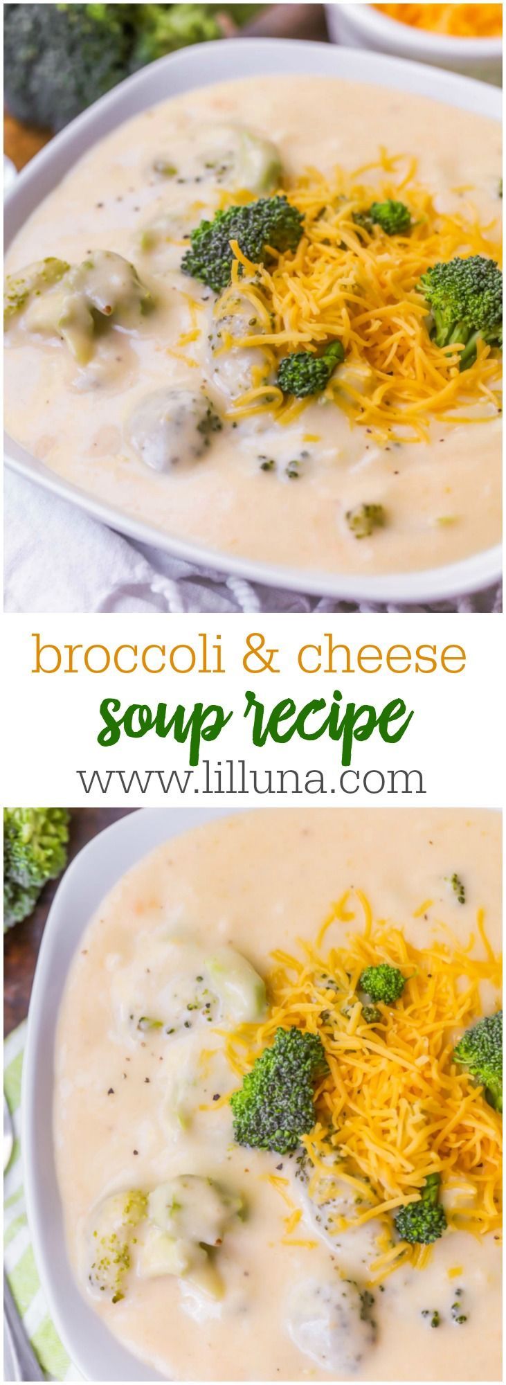 broccoli and cheese soup recipe in a white bowl