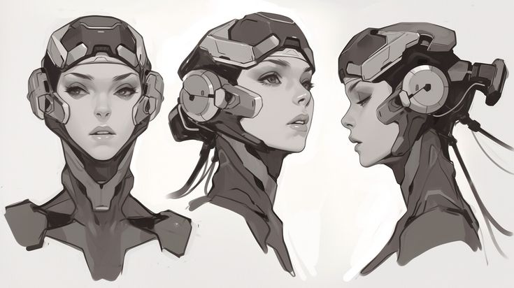 three different views of a woman's head with ear phones