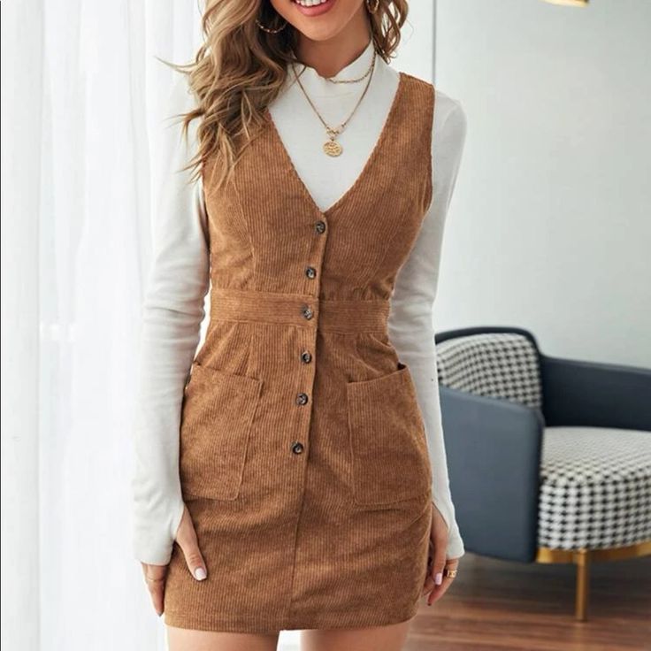 New With Tags Button Up Corduroy Dress From Shein Size Extra Small (2). I Also Have A Small (4) Listed. Cord Pinafore Dress, Solid Color Jumpsuits, Shein Dress, Corduroy Dress, Tea Length Dresses, Cute Fall Outfits, Pinafore Dress, Dress For Short Women, Button Dress