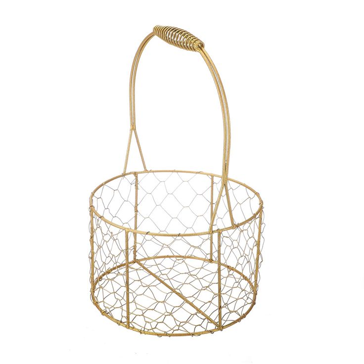 a gold wire basket with a handle