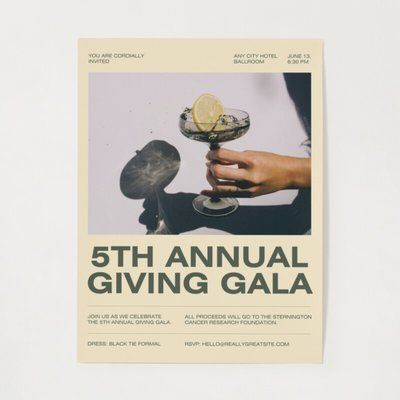 a poster with the words 5th annual giving gala written in black and white on it