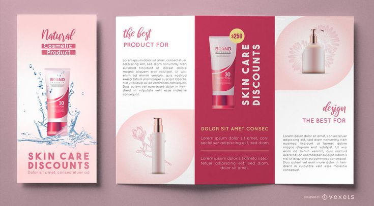 two fold brochure designs for skin care products on a pink and white background