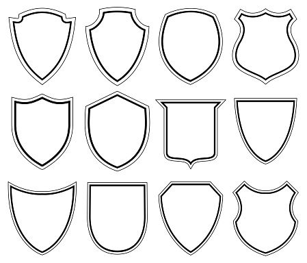 a set of nine shields with different shapes and sizes