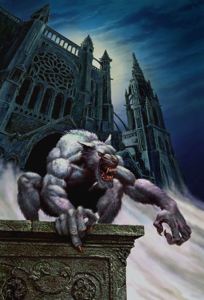 an image of a monster with fangs on it's face and claws in front of a castle