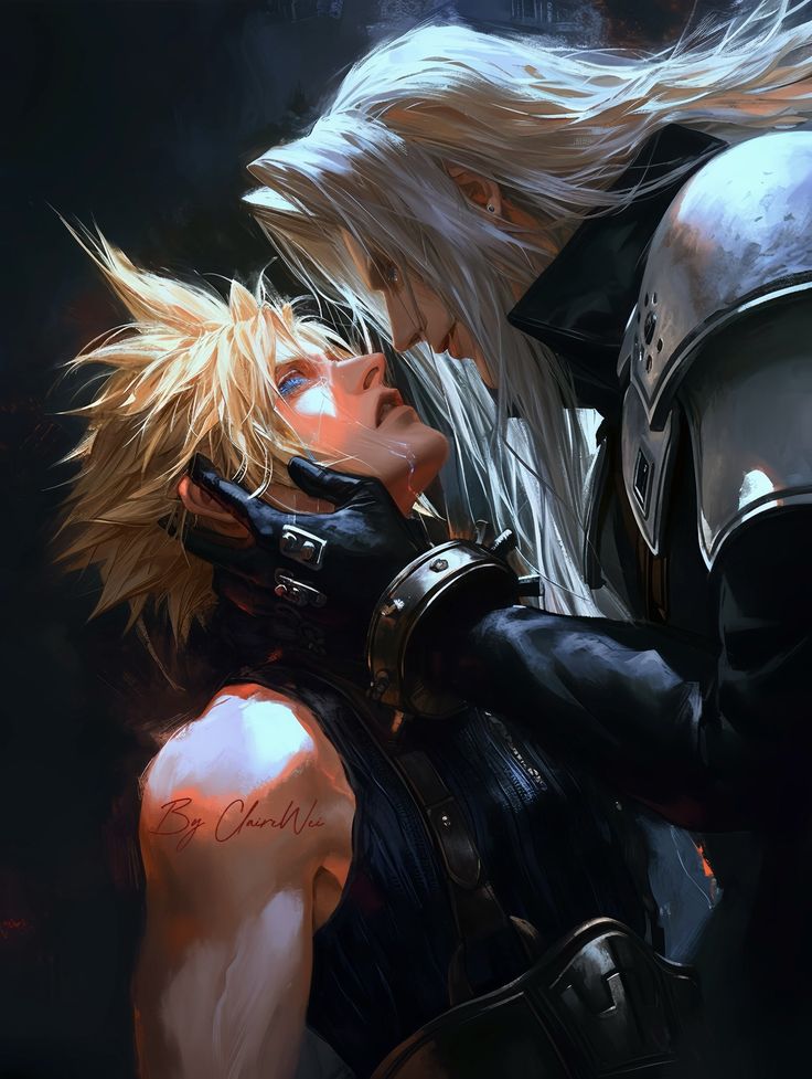 two anime characters one with blonde hair and the other wearing black leather armor, kissing