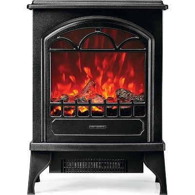 an electric stove with flames in the front and side panels on it's sides