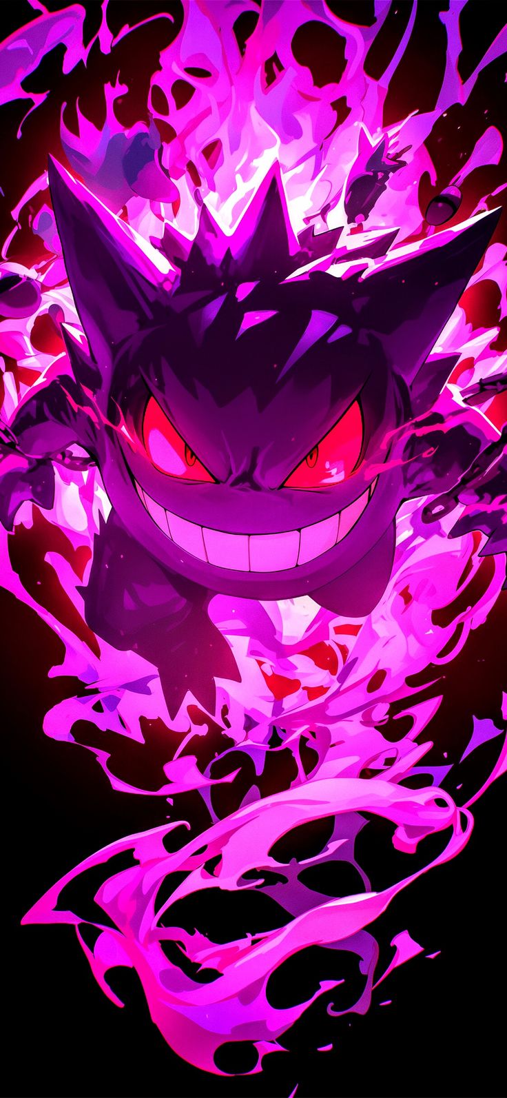 an anime character with red eyes and purple hair is surrounded by pink flames in the background