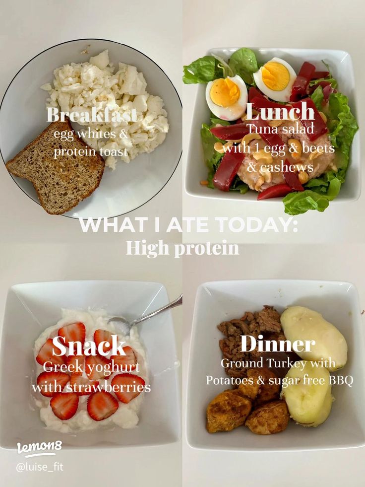 four different types of food are shown in this image, including eggs, bread and salad