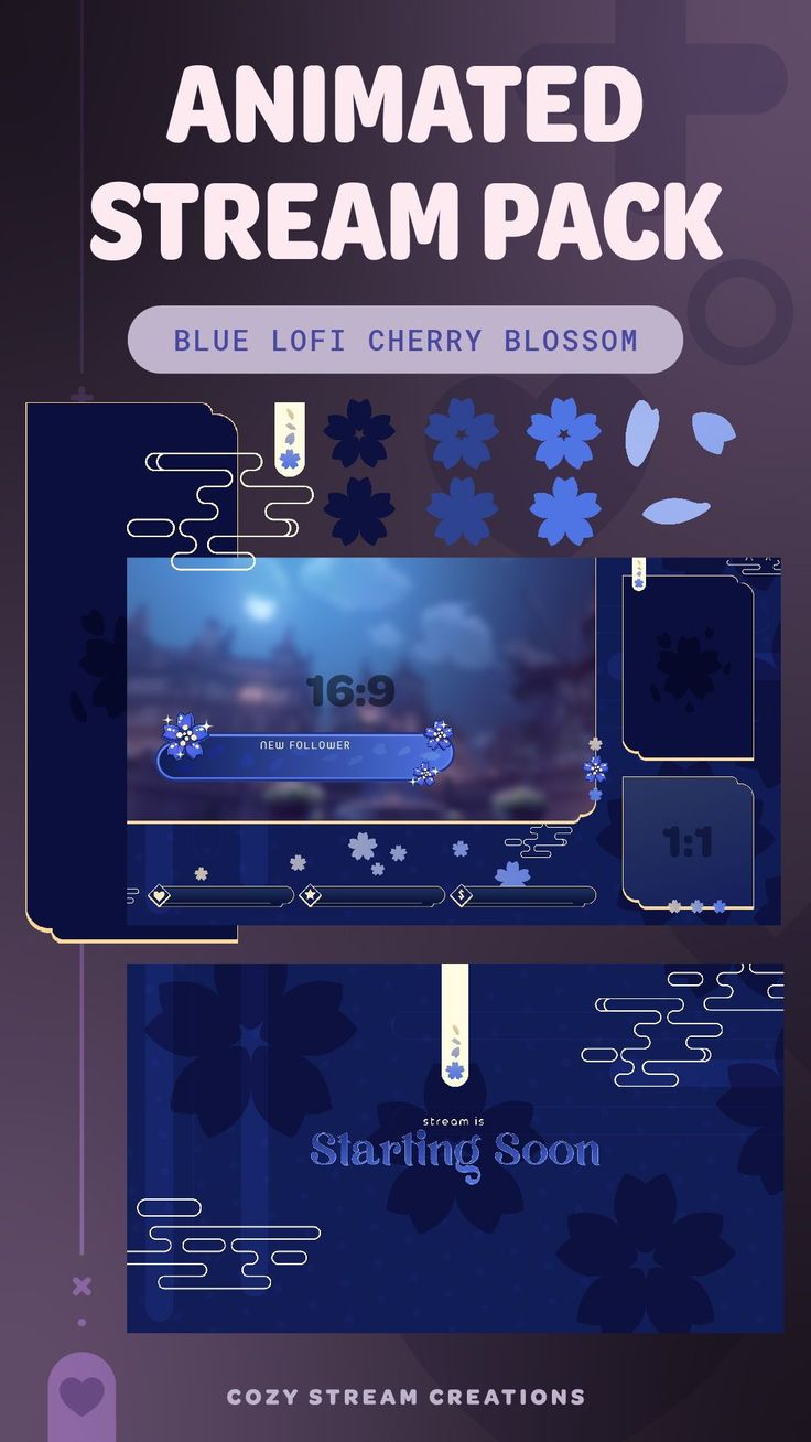 an animated stream pack with blue flowers and text on the front, in purple tones