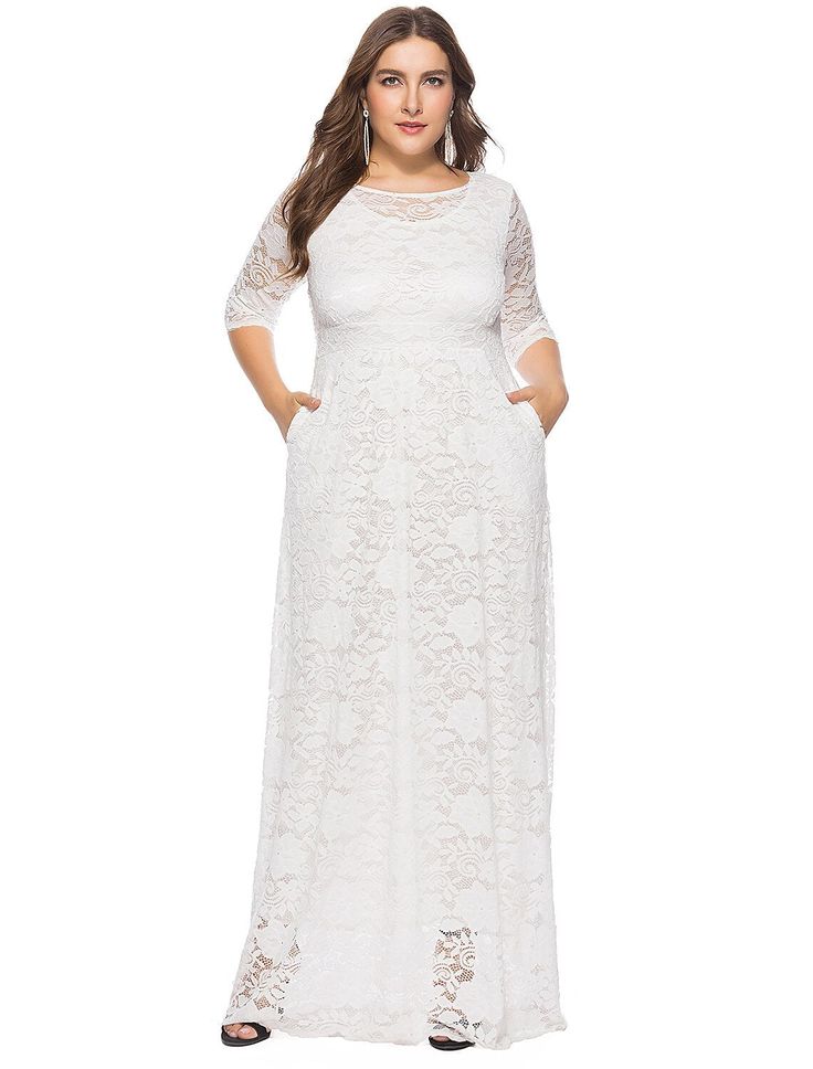 Sheath / Column Plus Size White Holiday Wedding Guest Dress Jewel Neck Half Sleeve Floor Length Lace with Lace Insert Lace Pocket, Elegant Office, Vestido Plus Size, Maxi Dress Prom, Split Dress, Long Sleeve Short Dress, Dress Bodycon, Sleeve Women, Women Party